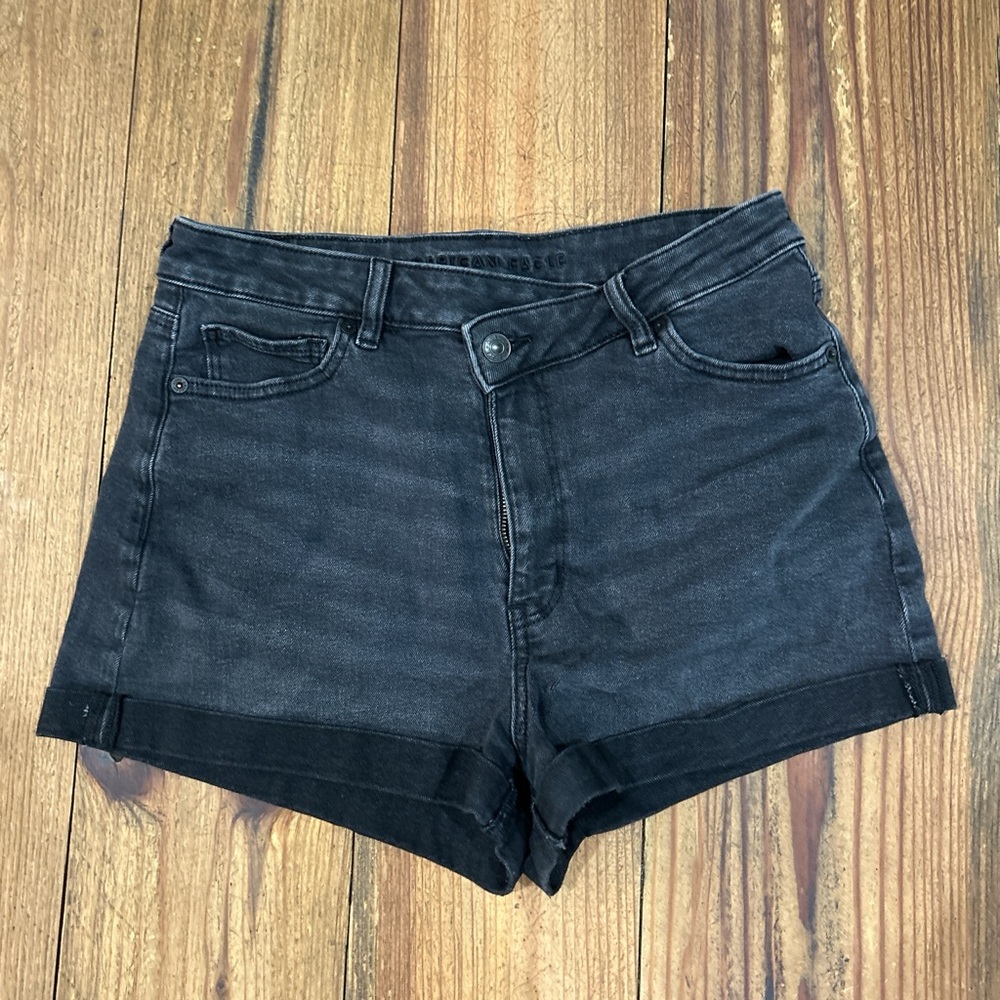 American Eagle Outfitters Black Jean Shorts High-Waisted Cuffed